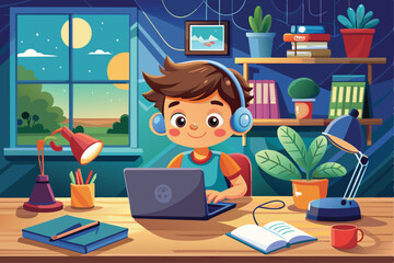 Cute little boy looking happy studying at home using laptop computer. Online education, e-learning technology learning, e-learning web element learning. Vector cartoon design illustration.