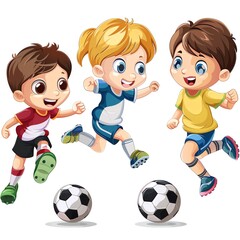 Three cheerful cartoon children playing soccer with enthusiasm and joy, showcasing teamwork and sportsmanship on an outdoor field.