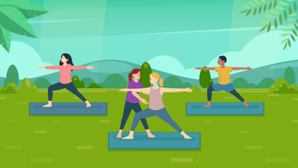 Isolated Vector illustration of Yoga Teacher Teaching Group of People in Nature. Yoga Class, Meditation, Relax, Recreation, Healthy Lifestyle.
