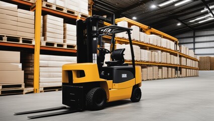 Naklejka premium A robust forklift stands in an empty warehouse its forks raised surrounded by palletized goods on shelves under artificial lighting.