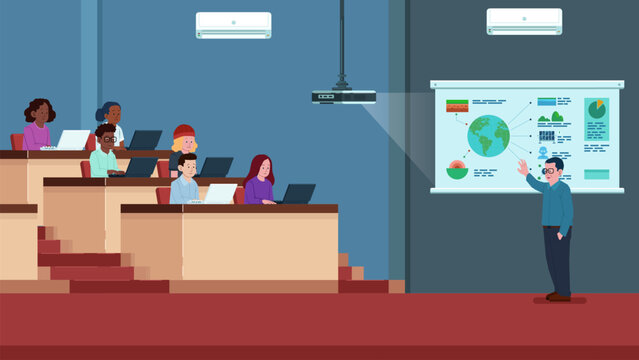 Vector Illustration of Lecturer Teaching in A Modern Classroom, Hall.
