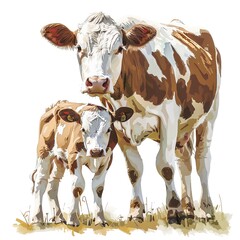 Illustration of a cow and calf standing together on a white background, showcasing their bond and natural beauty.