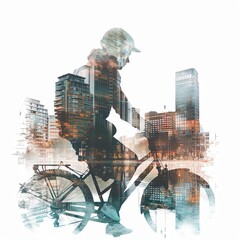 Double exposure art of a cyclist against an urban cityscape, blending human activity with city life.