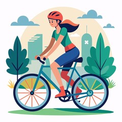 Naklejka premium Woman riding bike. Healthy lifestyle, sport, outdoor activity concept. Vector illustration
