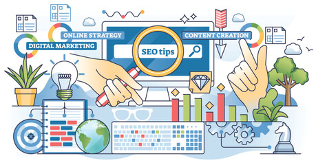 Keyword research for effective online SEO management outline hands concept. Search engine optimization tips for effective and targeted digital marketing and content creation vector illustration.