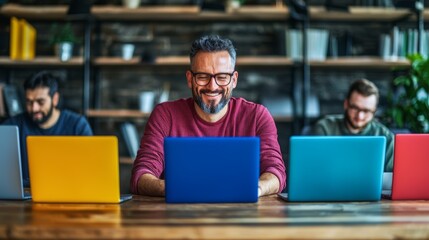 Focused individuals working on colorful laptops in a modern workspace, showcasing collaboration and technology in a creative environment.