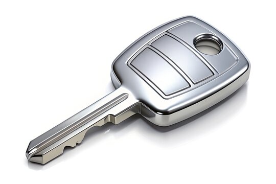 Shiny silver car key icon with intricate details and a modern design, isolated on a white background, symbolizing freedom, transportation, and mobility.