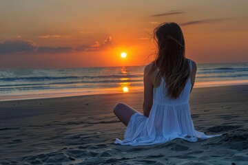Fototapeta premium 夕日を眺めて物思いにふける若い日本人女性（夕焼け・孤独・悩み・青春・水着）
