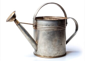 A vintage metal watering can with a long spout and handle sits alone on a clean white background, awaiting its next gardening task.