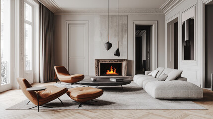 Scandinavian living room with conversation pit, circular fireplace, wood flooring
