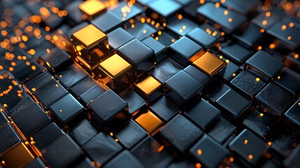 Obraz premium Futuristic black and gold abstract cubes with glowing lights