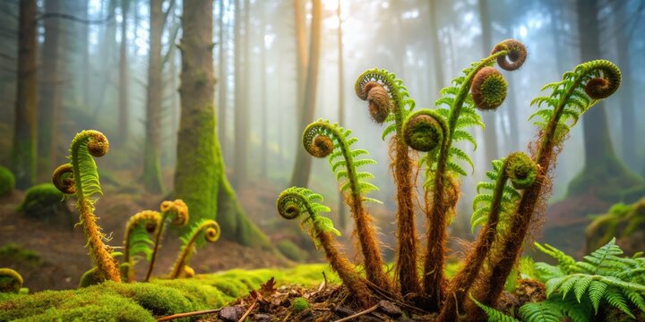 Delicate, lacy fronds of bracken fern unfurl from earthy forest floor, surrounded by moss and decaying wood, in a misty, verdant woodland landscape.