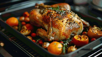 Fototapeta premium Roasting: A method of cooking food in an oven with dry heat, exposing it to air. It enhances flavors and creates a crispy, golden crust, great for both meats and vegetables. 