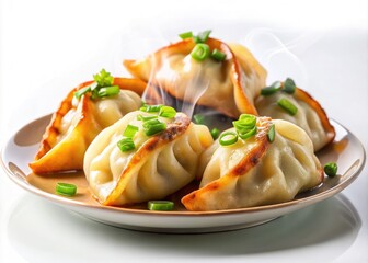 Delicious golden-brown fried dumplings arranged artfully on a pristine white background, steaming hot and garnished with fresh green onions, inviting a savory indulgence.