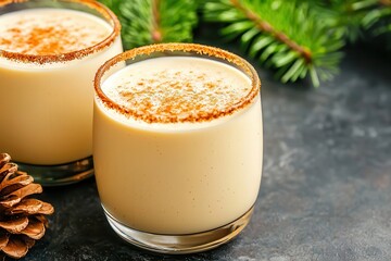 Holiday spiced eggnog served in cinnamon-rimmed glasses, perfect for traditional winter celebrations.








