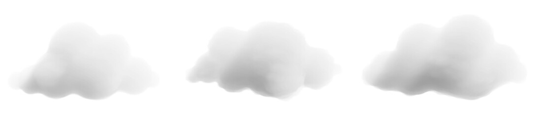 Three white clouds on transparent background, 3D rendering image