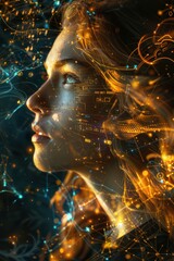 Enigmatic woman with golden hair and digital eyes on a dark blurry background