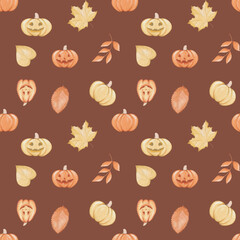 Seamless pattern pumpkins and fall leaves