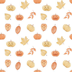 Seamless pattern pumpkins and fall leaves
