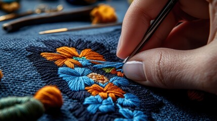 Hand Embroidering Floral Design on Fabric Close-up of a hand embroidering a vibrant floral design on fabric, showcasing detailed craftsmanship and artistic skill