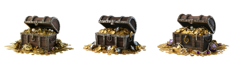 Detailed aged treasure chest overflowing with gold coins and jewels, isolated background.