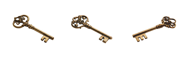 Realistic depiction of antique brass key with intricate details, isolated background.