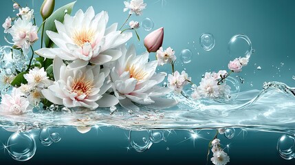   Water lilies float on a body of water, bubbles beneath