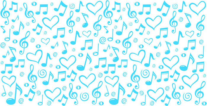 Music notes seamless pattern backdrop, Music note background, Seamless pattern texture design. Monochrome blue and white music note pattern.  Horizontal posters, greeting cards, header, website. 