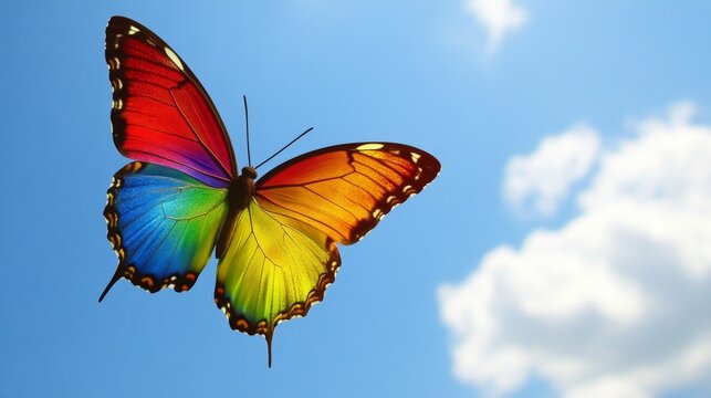 A butterfly with rainbow wings soaring through a clear sky symbolizing transformation and freedom