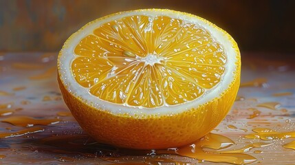 Half a lemon, wet and juicy, resting on a surface with spilled juice.