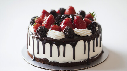 Pastel cremoso de chocolate con frutos rojos sobre fondo blanco 