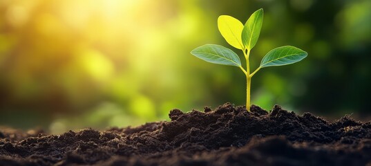 Young plant seedling in rich soil with a blurred  background
