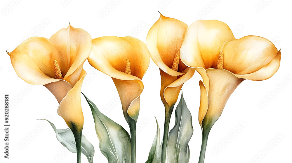 Sticker A beautiful illustration of yellow calla lilies with green leaves.