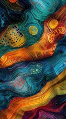 Abstract art displays a dynamic blend of colors and patterns, creating an energetic visual experience