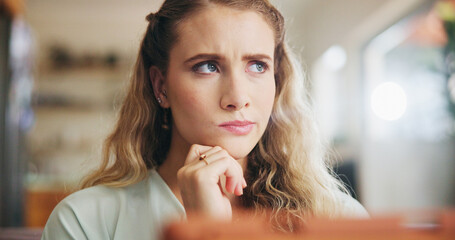 Home, business woman and thinking with doubt for decision, choice and planning for career path....
