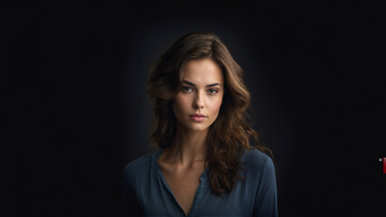 Fresh-faced beauty with flawless skin and captivating eyes. Young brunette model in studio setting with natural makeup and sleek hairstyle. Perfect for cosmetic and beauty campaigns