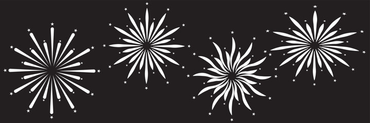 Set of firework icons. Fireworks with stars and sparks isolated on black background. Firework simple white line icons isolated on black background. Vector illustration. EPS 10