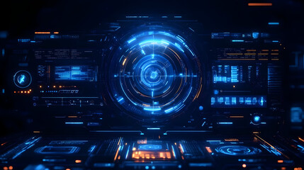 A futuristic digital interface with glowing blue elements and data displays.