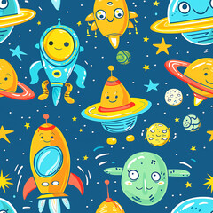 Seamless repeat pattern of colorful cartoon style aliens and spaceships on a blue colored background for children.