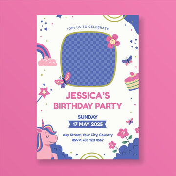 Unicorn birthday invitation party template with butterfly, flowers, rainbow and empty space for your image
