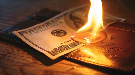 A burning 50 Euro bill is inside a wallet.