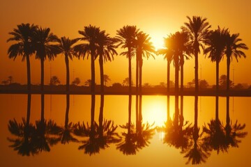 Obraz premium A breathtaking and colorful sunset beautifully mirrored in the serene, tranquil waters lined with tall palm trees