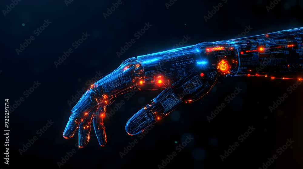 Sticker A futuristic robotic hand with glowing circuits and lights.