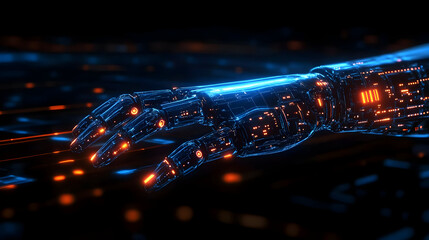 Futuristic robotic hand with glowing circuits and digital elements.