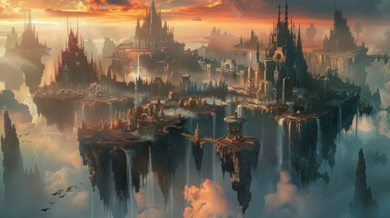 Naklejka premium A floating city with buildings and spires at sunset in a foggy, mystical landscape.