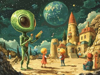 Obraz premium Cosmic Playtime: Cartoon Alien and Earth Children Having Fun in Space Playground
