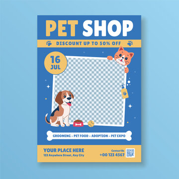 Pet shop flyer template with cute dog and cat and empty space for your image
