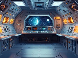 Busy Cartoon Spaceship Interior with Animated Controls and Alien Crew Members Working Together