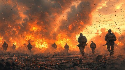 Epic Battle Scene with Cartoon Soldiers Amid Explosions and Smoke