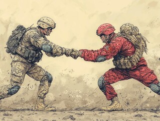 Naklejka premium Clash of Rival Soldiers - Intense Cartoon Hand-to-Hand Combat Scene